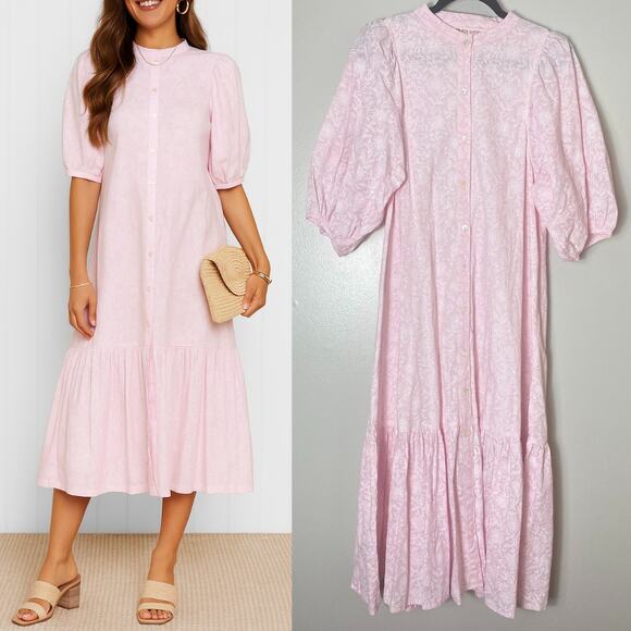 RO'S GARDEN DRESS S PINK PETAL FLIRTY FLORAL COTTON MIDI TIERED BOHO TUCKERNUCK - Picture 1 of 14